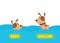 Little dog swimming cartoon illustration. Educational english flash card with antonyms flat vector template.