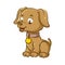 The little dog using the brown necklace and golden pendant is sitting with the happy face