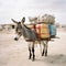 Little donkey is loaded with many boxes and packages, donkey is carrying lot of things, heavy load, hard work,