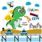 Little dragon attack city funny animal cartoon, vector illustration