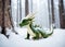 The little dragon is strolling in the winter forest. Generative AI