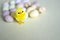 Little Easter chick toy and candy eggs.