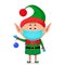 Little elf in a medical mask and surgical gloves holds a New Year`s ball in his hand