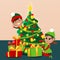 The little elves are near the Christmas tree with gift boxes. The mood of celebration and delight.