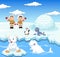 Little Eskimo kids with arctic animals and igloo house background