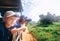 Little expiorer boy with his father on jeep safari