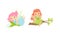 Little Fairy or Pixie with Wings as Woodland Nymph Sitting on Tree Branch and Hovering with Flowers Vector Set