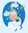 Little fairy princess tale cartoon fantasy magic wand on clouds rainbow