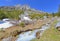 Little fall flowing accross alpine mountain under blue sky