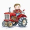 Little Farmer: Boy Driving a Red Tractor on a Sunny Farm Day Watercolor AI Generated