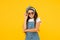 Little fashionable girl summer outfit with sunglasses, modern accessory concept