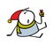 Little fat elf slipped and fell. Funny cartoon stickman in long red hat sits on the ice and holds gift box with ribbon