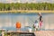 Little fishermen girl and boy while fishing