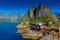 The little fishermen village with red houses of Hamnoy, in the Lofoten Islands,  Norway