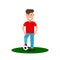 Little football player. A young man is going to play football. Kid with a soccer ball in flat style.
