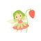 Little Forest Fairy with Wild Strawberry, Lovely Fairy Girl Cartoon Character with Green Hair and Wings Vector