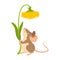 Little forest mouse holding dandelion. Meadow vole with flower. Rat keep blossom.