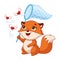 Little fox catches flying hearts with butterfly net