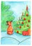 Little fox with chritmas tree watercolor illustration fir tree decorations