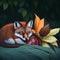 A little fox curled up and sleeping, with leaves for a blanket.