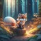 Little Fox in the Forest illuminated by fireflies, surrounded by lush forest with plants and trees