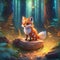 Little Fox in the Forest illuminated by fireflies, surrounded by lush forest with plants and trees