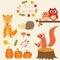 The little fox ,pumpkins,owls,squirrel,hedgehog,mushroom