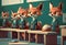 Little foxes sit at school desks. AI Generated