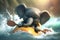 Little Funny Elephant Having Fun White Water Rafting in a Kayak