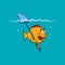 A little funny fish floats and scares the shark fin