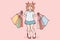 Little funny girl with shopping mall bags is standing in high heeled like at mother. Vector image