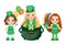 Little funny girls set in Irish costumes holding an Irish balloon, sitting in gold of pot and holding rainbow  leprechaun hat vect