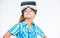 Little gamer concept. Virtual reality is fun for all ages. Kid girl with vr glasses. Child play virtual games with