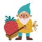 Little garden gnome with strawberry vector icon. Hand drawn illustration isolated on white background. Cute old dwarf harvesting