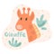 A little giraffe looks out through a bush and sees surprisingly. Kid giraffe in flat style. Text giraffe in an ivory