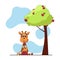little giraffe sits under a tree and eats apples