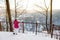 Little girl admiring a view of Vilnia river from geological Puckoriai exposure, Vilnius