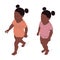Little girl of afro ethnic origin, standing and walking, isometric view, full body. Vector illustration