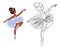 Little girl ballerina, outline drawing for coloring book. Illustration and sketch, print vector