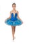 Little girl in ballet position. Little ballerina in blue tutu. Adorable ballerina girl take dance lesson. Dancing queen