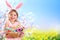 Little Girl With Basket Eggs And Bunny Ears-Easter