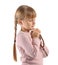 Little girl with beads praying on white background