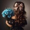 Little girl with a beautiful bow on her hair holds a bouquet of blue chrysanthemums