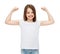 Little girl in blank white t-shirt showing muscles