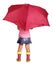 Little girl in blouse, skirt, rubber boots with umbrella standing.