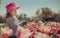 Little girl blowing soap bubbles in summer park and blooming tulips