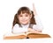 Little girl with book raising hand knowing the answer to the question. on white background
