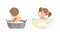 Little Girl and Boy in Bathtub with Foam Splashing and Bathing Vector Set
