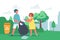 Little Girl and Boy Characters Collect Garbage into Trash Sack and Recycling Litter Bin in Garden. Ecology Protection,