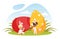 Little Girl and Boy in Easter Bunny Costume Sitting in Grass with Decorated Egg in Basket Vector Illustration